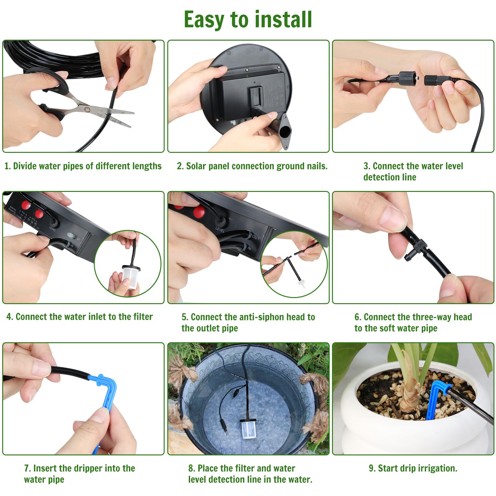 Solar Irrigation System TRJZWA Automatic Drip Irrigation Kit for Outdoor/Indoor Garden Watering System with Water Level Detection,Drip Irrigation System for 15 Potted Plant with 15m Water Hose