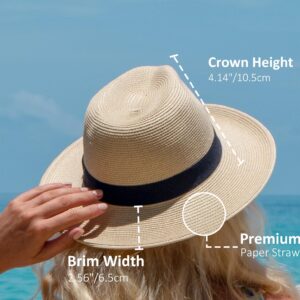 Joywant Abby Straw Sun Hat for Women with UV Protection Wide Brim Wind Lanyard,Travel Foldable Summer Beach Hat Panama Fedora-Beige