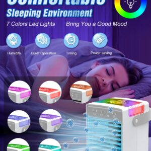 Portable Air Conditioners, 3 Wind Speeds & 7 LED Lights Evaporative Personal Air Cooler, 4 in 1 Portable AC with 300ml Large Water Tank, Mini Air Conditioner for Bedroom/Car/Home/Camping/Room