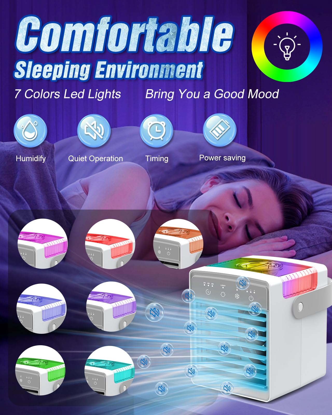 Portable Air Conditioners, 3 Wind Speeds & 7 LED Lights Evaporative Personal Air Cooler, 4 in 1 Portable AC with 300ml Large Water Tank, Mini Air Conditioner for Bedroom/Car/Home/Camping/Room