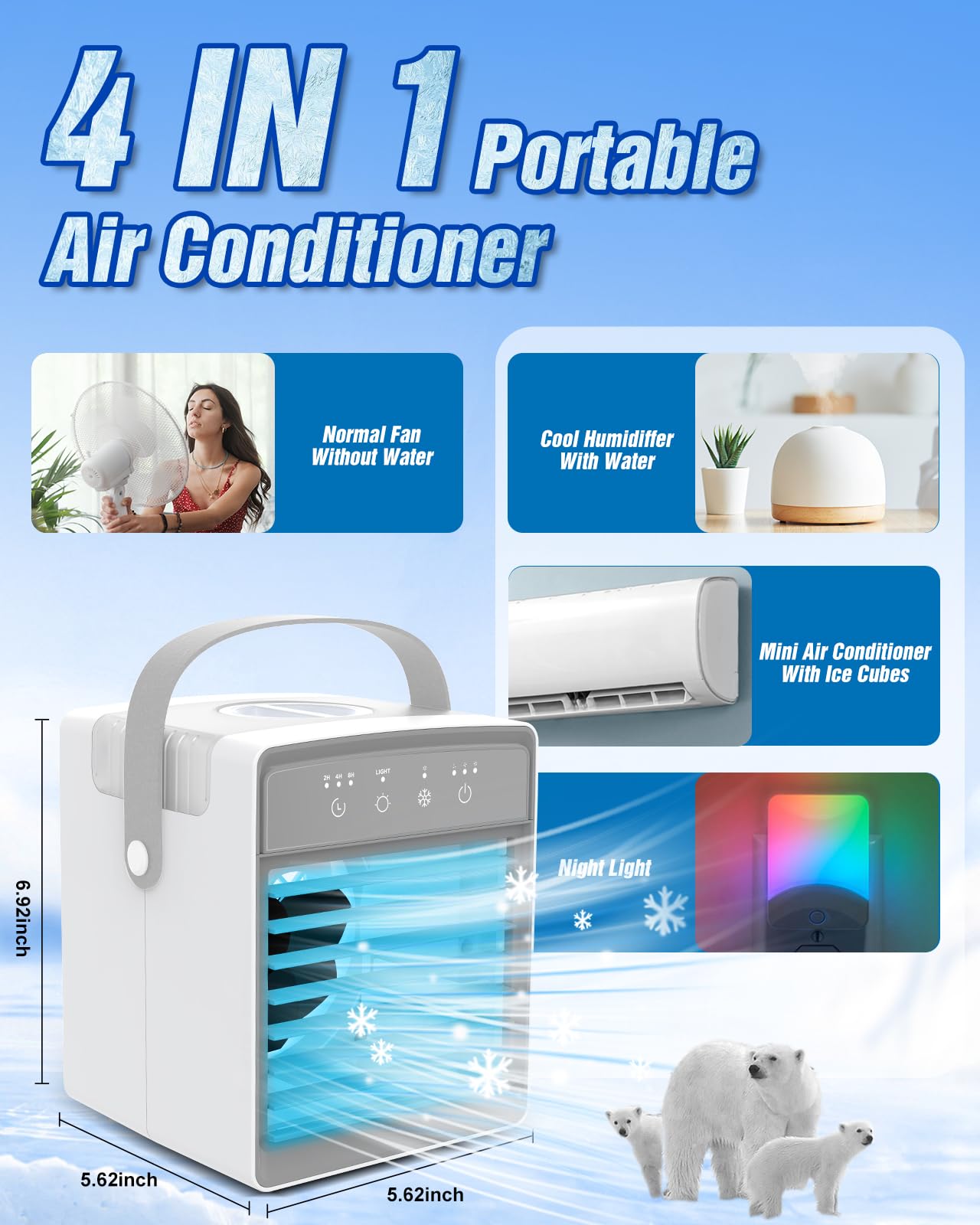 Portable Air Conditioners, 3 Wind Speeds & 7 LED Lights Evaporative Personal Air Cooler, 4 in 1 Portable AC with 300ml Large Water Tank, Mini Air Conditioner for Bedroom/Car/Home/Camping/Room