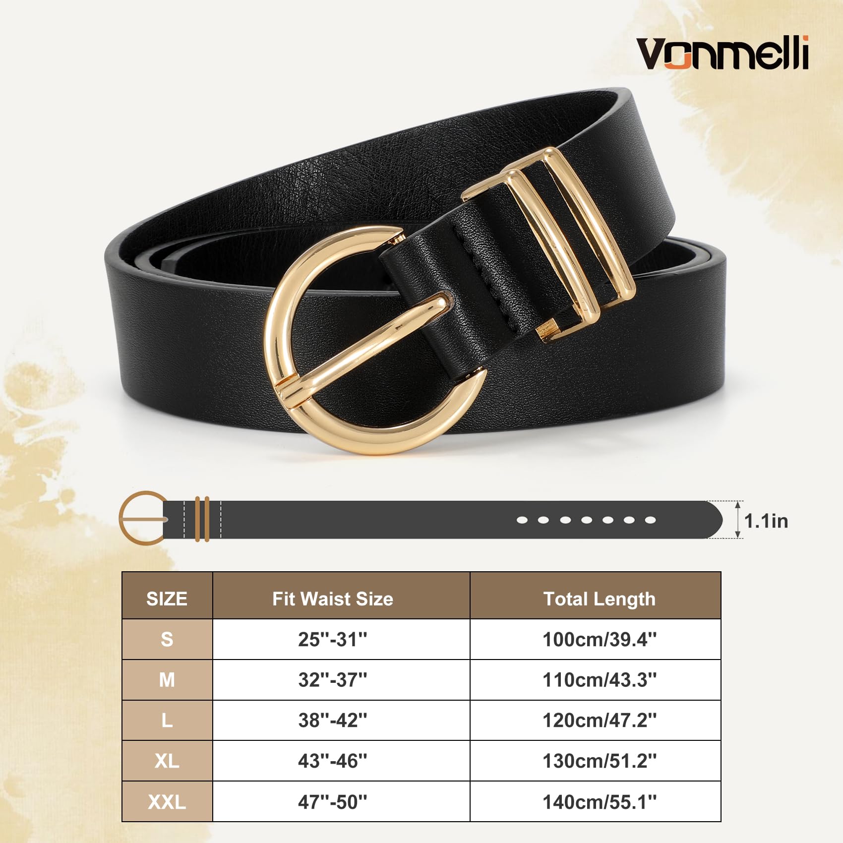 VONMELLI 3 Pack Women's Leather Belts for Jeans Dresses Ladies Waist Belt with Fashion Gold Buckle Black Beige Brown S