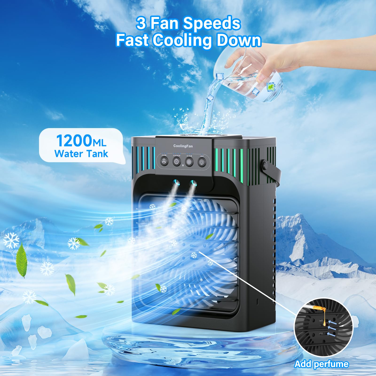 Portable Air Conditioners, Evaporative Air Cooler with Remote, 3 Speed Humidify & 7 LED Light, 2-8H Timer, 1200ML Cooling Fan Mini Air Conditioner for Room Car Camping