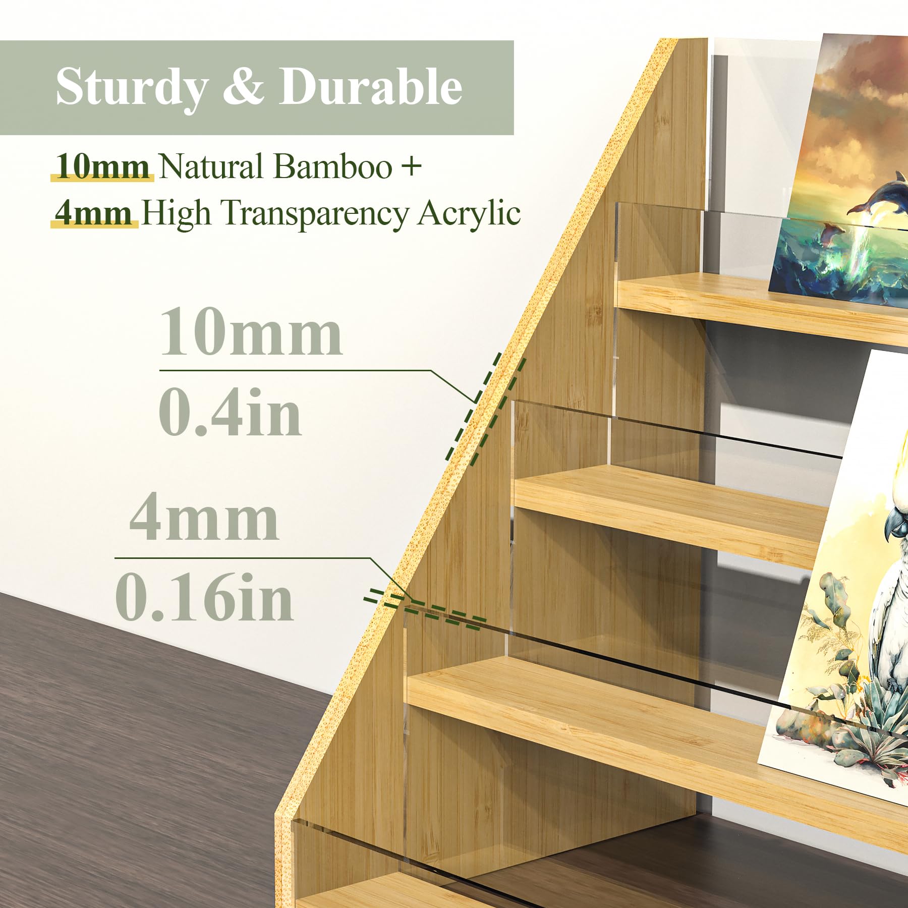 NiHome 4-Tier Bamboo & Acrylic Greeting Card Display Stand for Cards, Photos, Postcards - Durable Stylish Showcase Organizer with High-Transparency Panels for Home, Wedding, Birthday Decor & Keepsakes