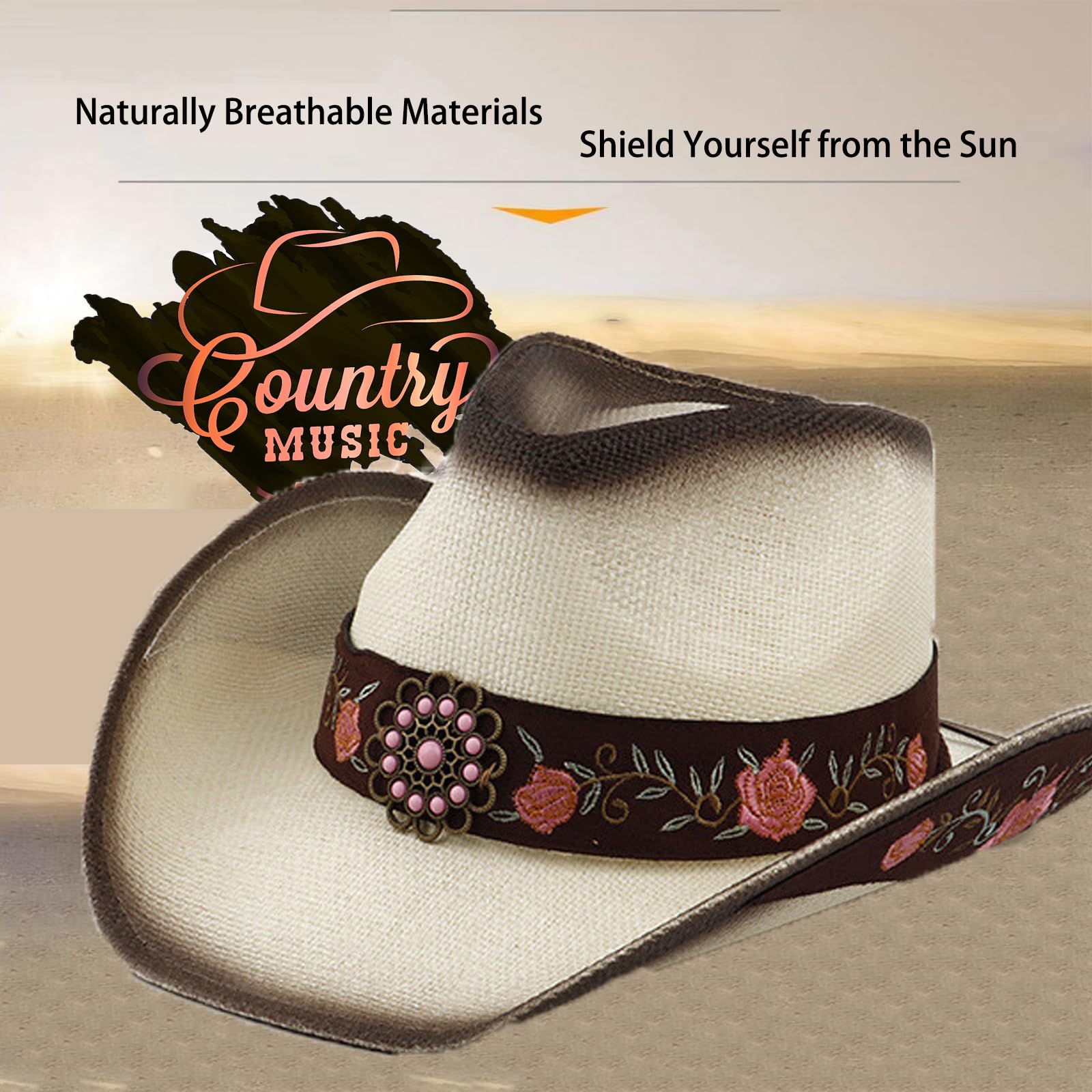 Cowboy Hats for Women, Brown Cowgirl Hats Classic Straw Western Hats for Women Music Festival Party Beach.