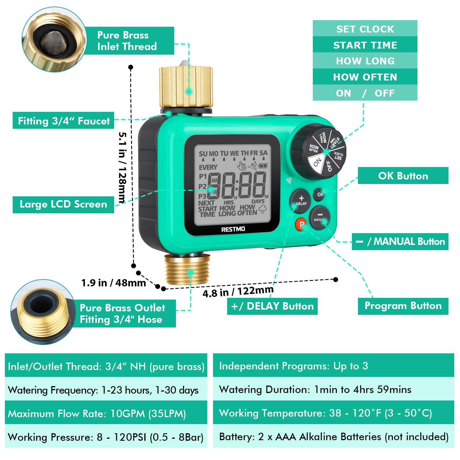 RESTMO Sprinkler Timer with Brass Inlet & Outlet, 3 Separate Programs Hose Timer, Programmable Water Timer for Garden Hose, Manual | Rain Delay | Automatic Watering System for Drip Irrigation and Lawn