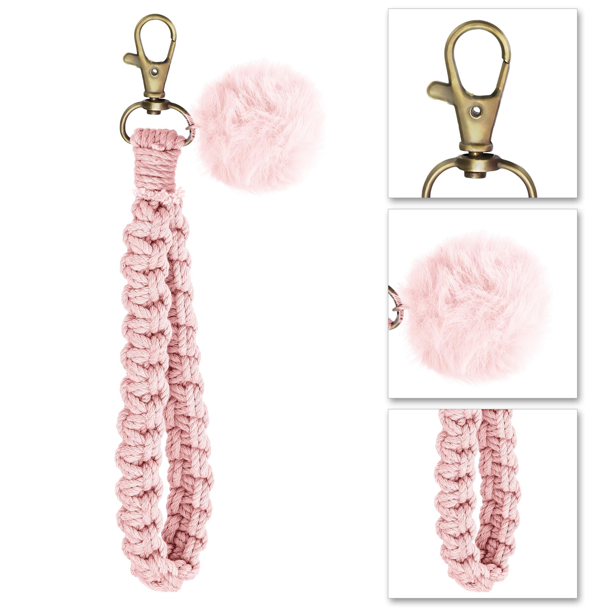 Gkeygo Wristlet Keychain Woven Wrist Lanyard for Keys, Key Chain with 2 Key Rings for Women Car Keys ID Badges - Pink