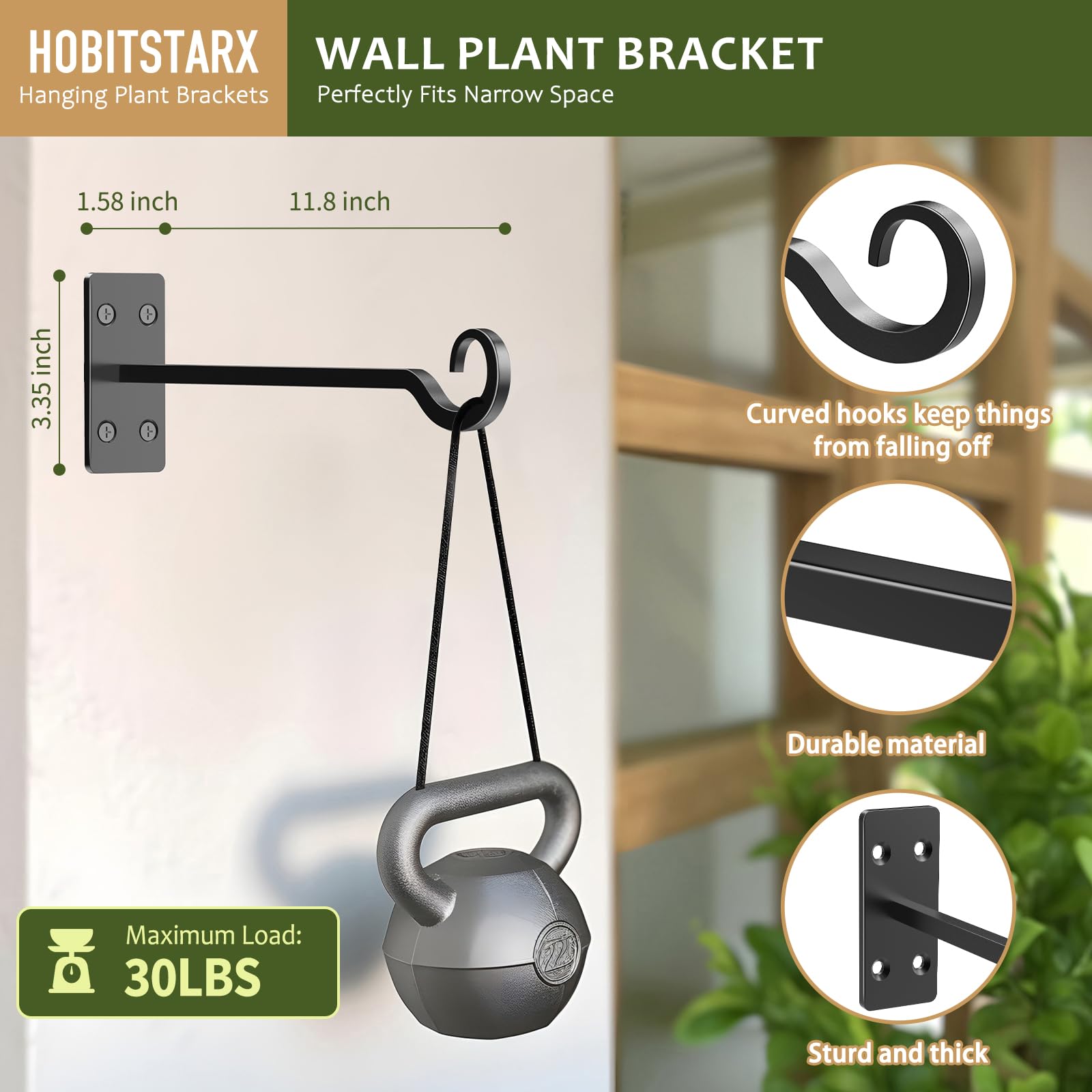 HOBITSTARX Heavy Duty Plant Hangers Outdoor- Hand-Forged Hanging Plant Brackets - 2 Pack 12 Inch Black Wrought Iron Wall Plant Hooks for Hanging Plants, Lanterns, Bird Feeders