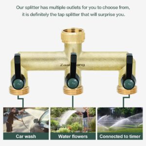 ZaakWang Brass Garden Hose Splitter, 3/4" 3 Way Tap Splitter,Hose Tap Splitter Connection with 3 Individual On/Off Valve and Extended Handle, Hose Pipe Tap Splitter for Garden Outdoor Home