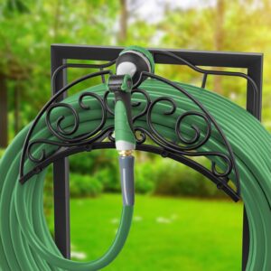 Garden Hose Holder for Outside, Upgraded Freestanding Water Hose Holder with 4 Spikes, Heavy Duty rustproof Metal Garden Hose Storage Stand for Outside, Black