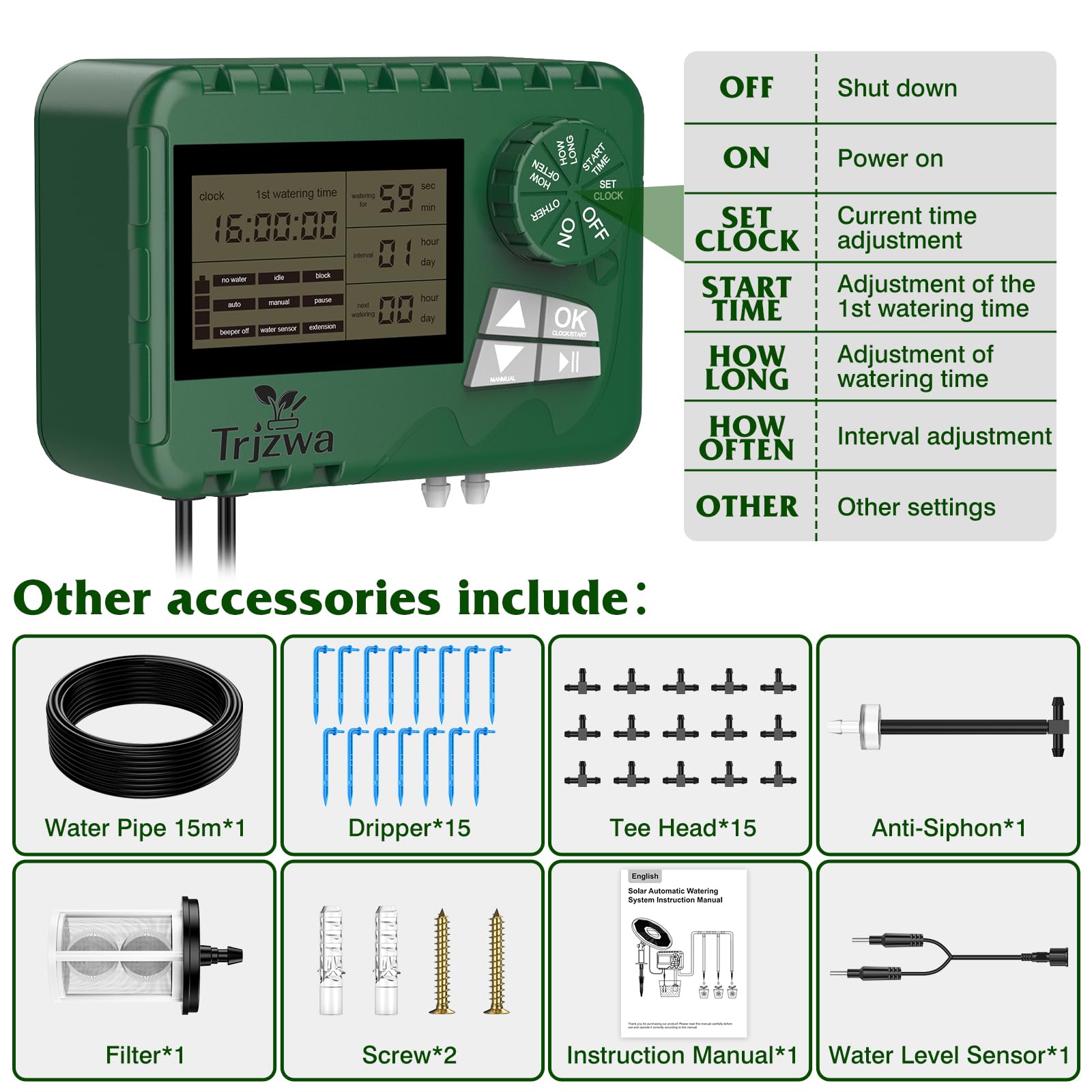 Solar Irrigation System with Automatic DIY Water Timer TRJZWA 2024 Latest Drip Irrigation System Kit for Garden,Balcony,Greenhouse,Garden Watering System Supports 15 Potted Plants with 15 Meter Hose