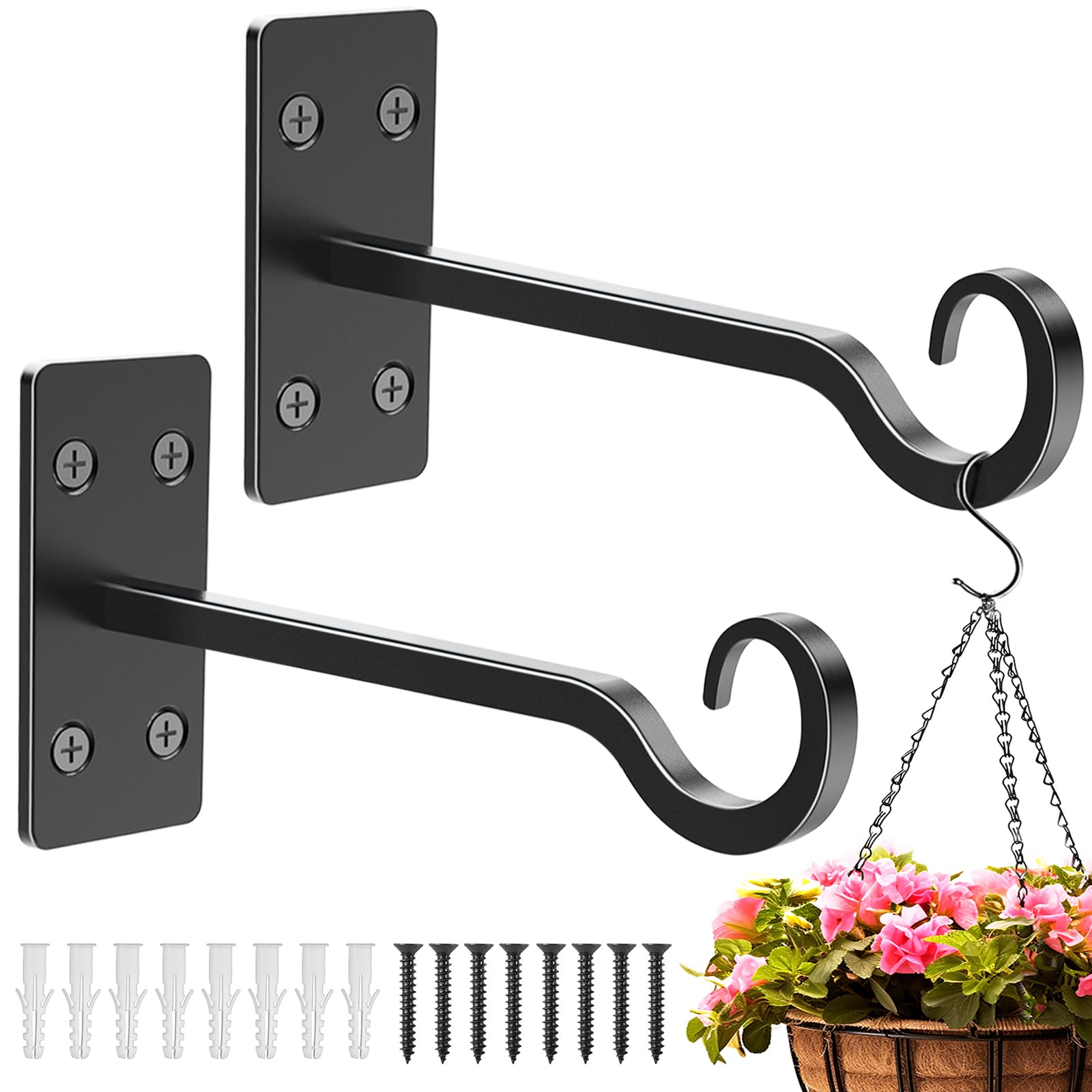 HOBITSTARX Heavy Duty Plant Hangers Outdoor- Hand-Forged Hanging Plant Brackets - 2 Pack 12 Inch Black Wrought Iron Wall Plant Hooks for Hanging Plants, Lanterns, Bird Feeders