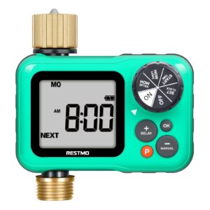 restmo sprinkler timer with brass inlet & outlet, 3 separate programs hose timer, programmable water timer for garden hose, manual | rain delay | automatic watering system for drip irrigation and lawn