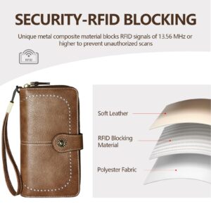 TFKGS Wallet for Women RFID Blocking Leather Large Capacity Card Holder Ladies Phone Clutch Travel Long Purse Wristlet Brown