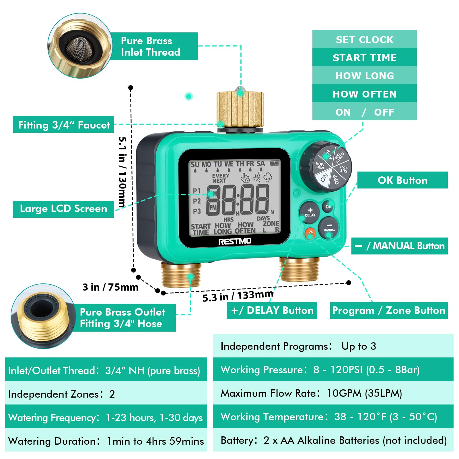 RESTMO Sprinkler Timer with Brass Inlet & Outlet, 2 Zone Programmable Water Timer for Garden Hose, 3 Separate Programs Hose Timer, Manual/Rain Delay/Automatic Watering for Drip Irrigation and Lawn