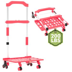 folding hand truck, 200 lbs durable luggage cart with all-terrain triple wheels, multifunctional and compact dolly cart with wheels for shopping, moving and traveling, pink