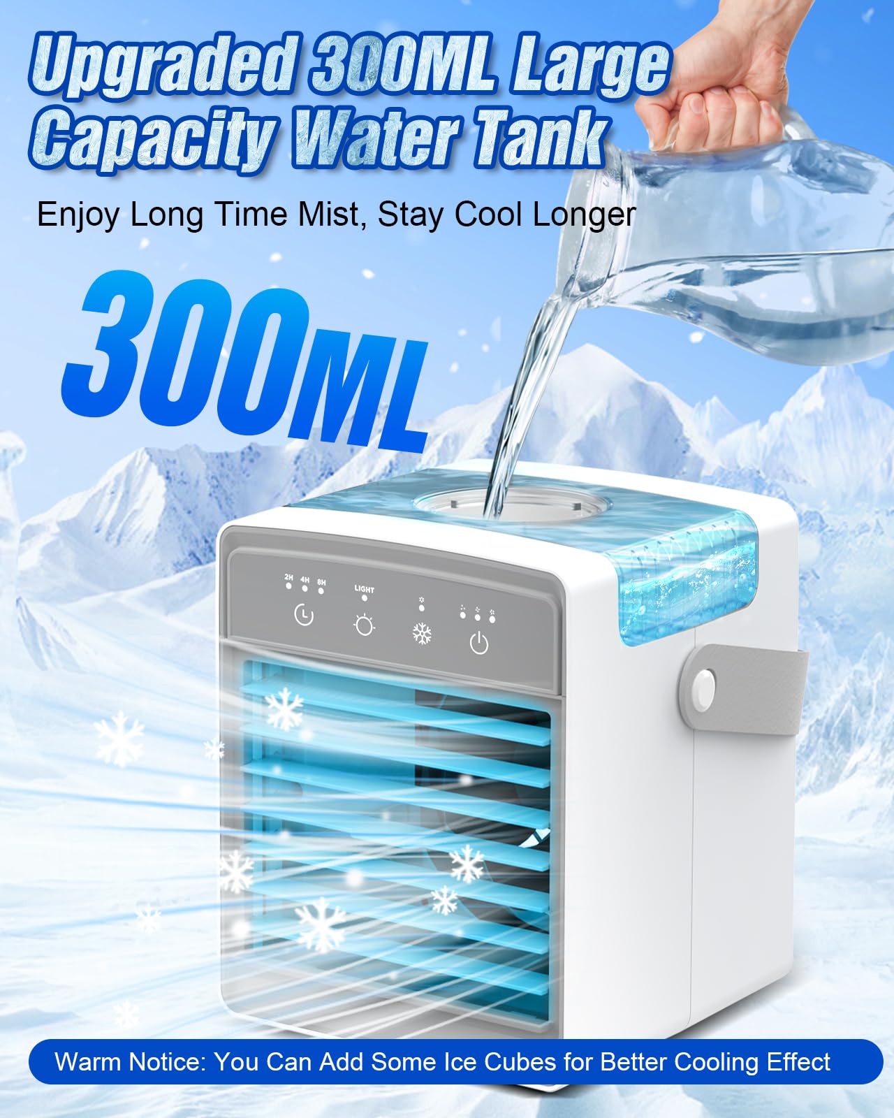 Portable Air Conditioners, 3 Wind Speeds & 7 LED Lights Evaporative Personal Air Cooler, 4 in 1 Portable AC with 300ml Large Water Tank, Mini Air Conditioner for Bedroom/Car/Home/Camping/Room