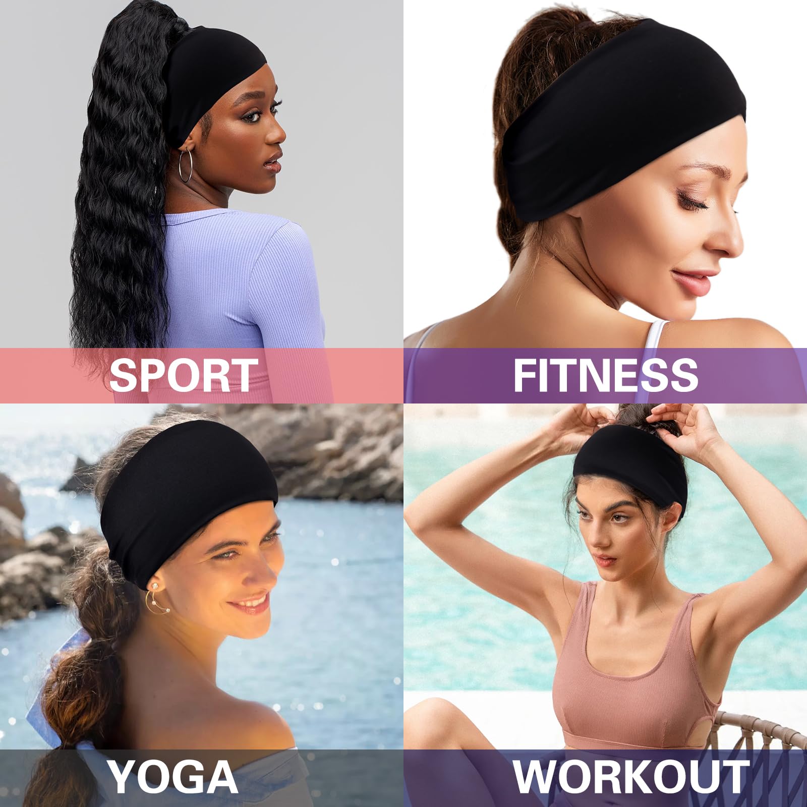 Carede Black 4 inches Wide Headbands for Women, Non Slip Workout Yoga Running Hair Bands Head Wrap Sweat Bands, Pack of 12