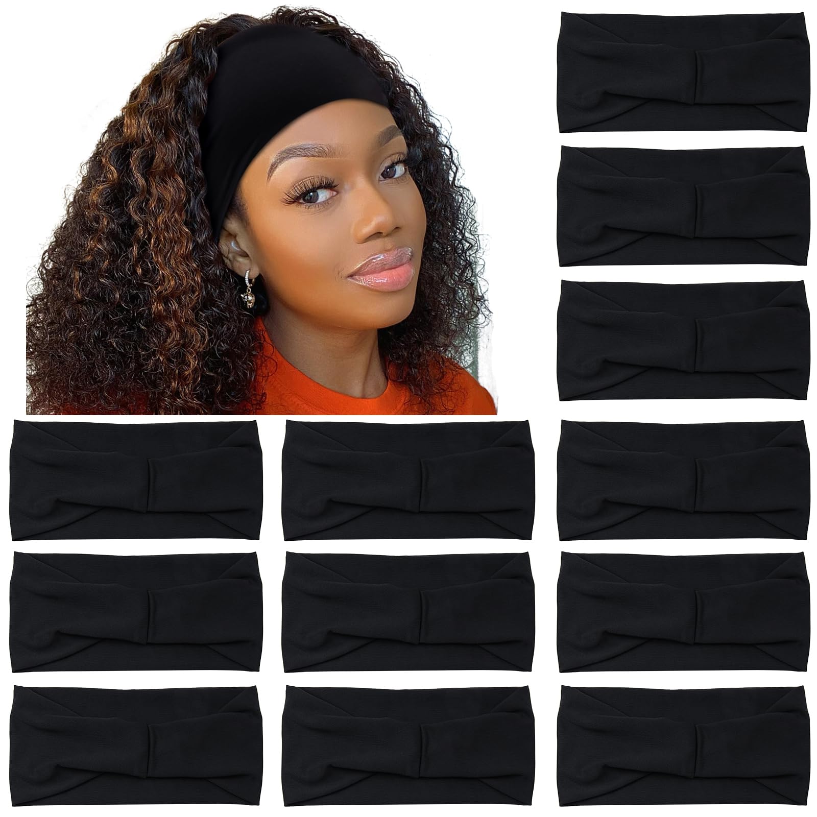 Carede Black 4 inches Wide Headbands for Women, Non Slip Workout Yoga Running Hair Bands Head Wrap Sweat Bands, Pack of 12