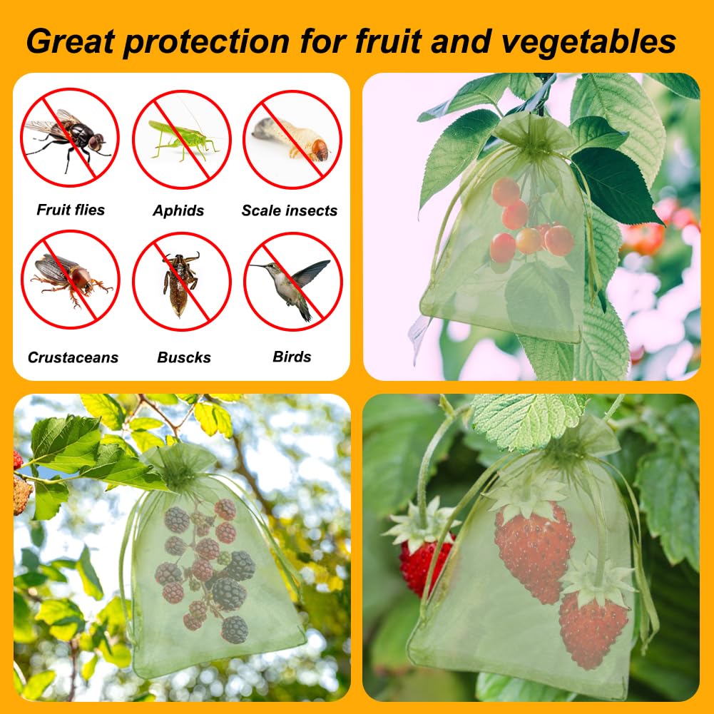 Shintop 100Pcs Fruit Protection Bags, 4x6 Inch Green Fruit Netting Cover Drawstring Mesh Bags Pest Barrier for Strawberry Blueberry Small Fruit