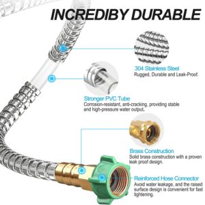 Metal Garden Hose 100FT, Stainless Steel Heavy Duty Water Hose with Brass Nozzle, Sturdy and Lightweight, No Kink & Tangle, Easy to Use & Store, Suitable for Yard and Lawn