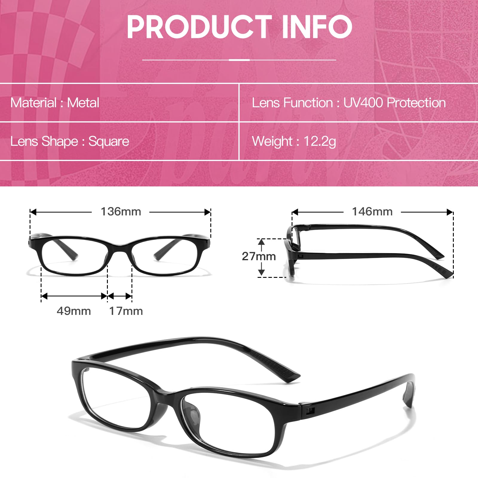 SODQW Fashion Fake Glasses Rectangular Y2k Small Eyewear Frame for Women Cosplay Glasses