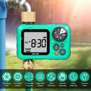 RESTMO Sprinkler Timer with Brass Inlet & Outlet, 3 Separate Programs Hose Timer, Programmable Water Timer for Garden Hose, Manual | Rain Delay | Automatic Watering System for Drip Irrigation and Lawn