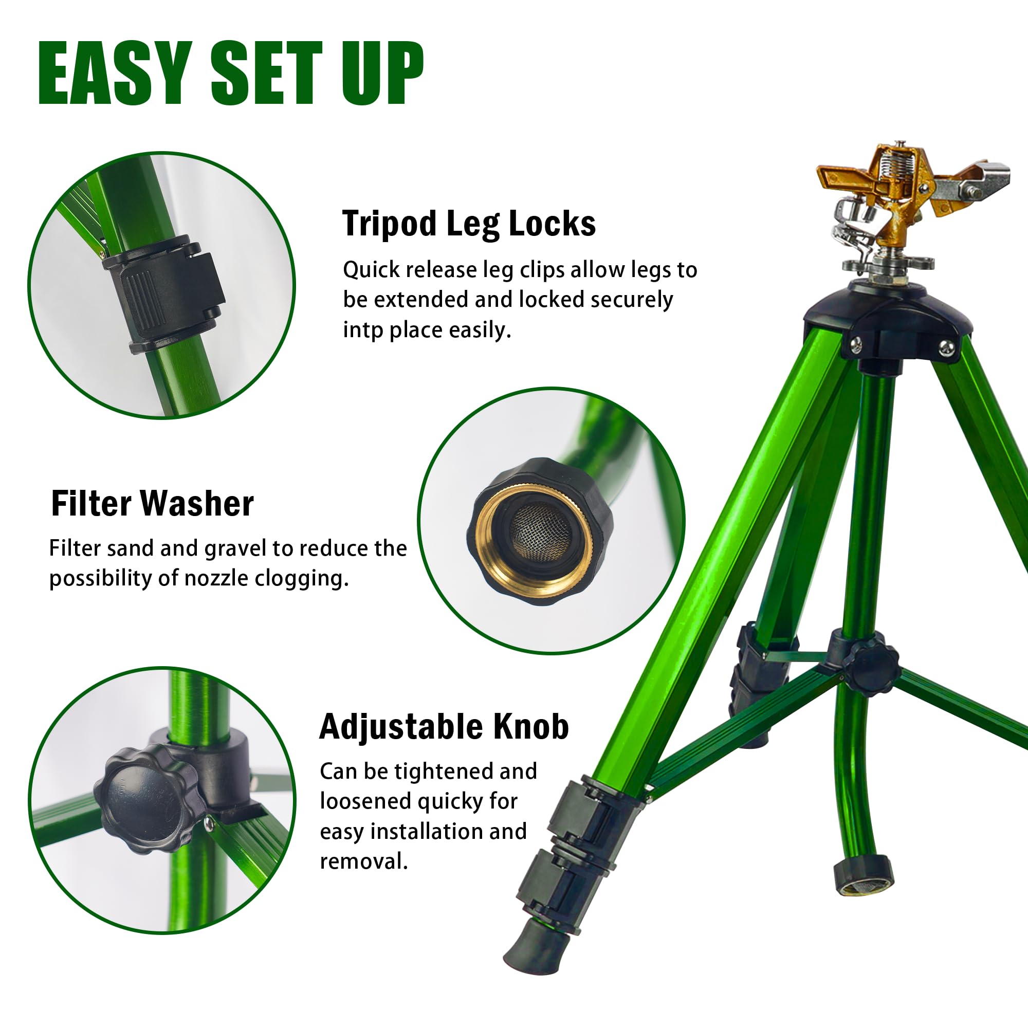 LIULO TOOL Impact Sprinkler on Tripod Base, Tripod Sprinklers with Brass Head, 360 Degree Large Area Irrigation with Extension Legs Flip Locks, Heavy Duty 3/4" Connector for Lawn Yard Garden