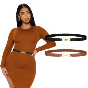 XZQTIVE Women Elastic Thin Belts for Dress Skinny Stretch Plus Size Black Brown Waist Belts with Fashion Gold Buckle Set of 2(90CM, BLACK+BROWN)