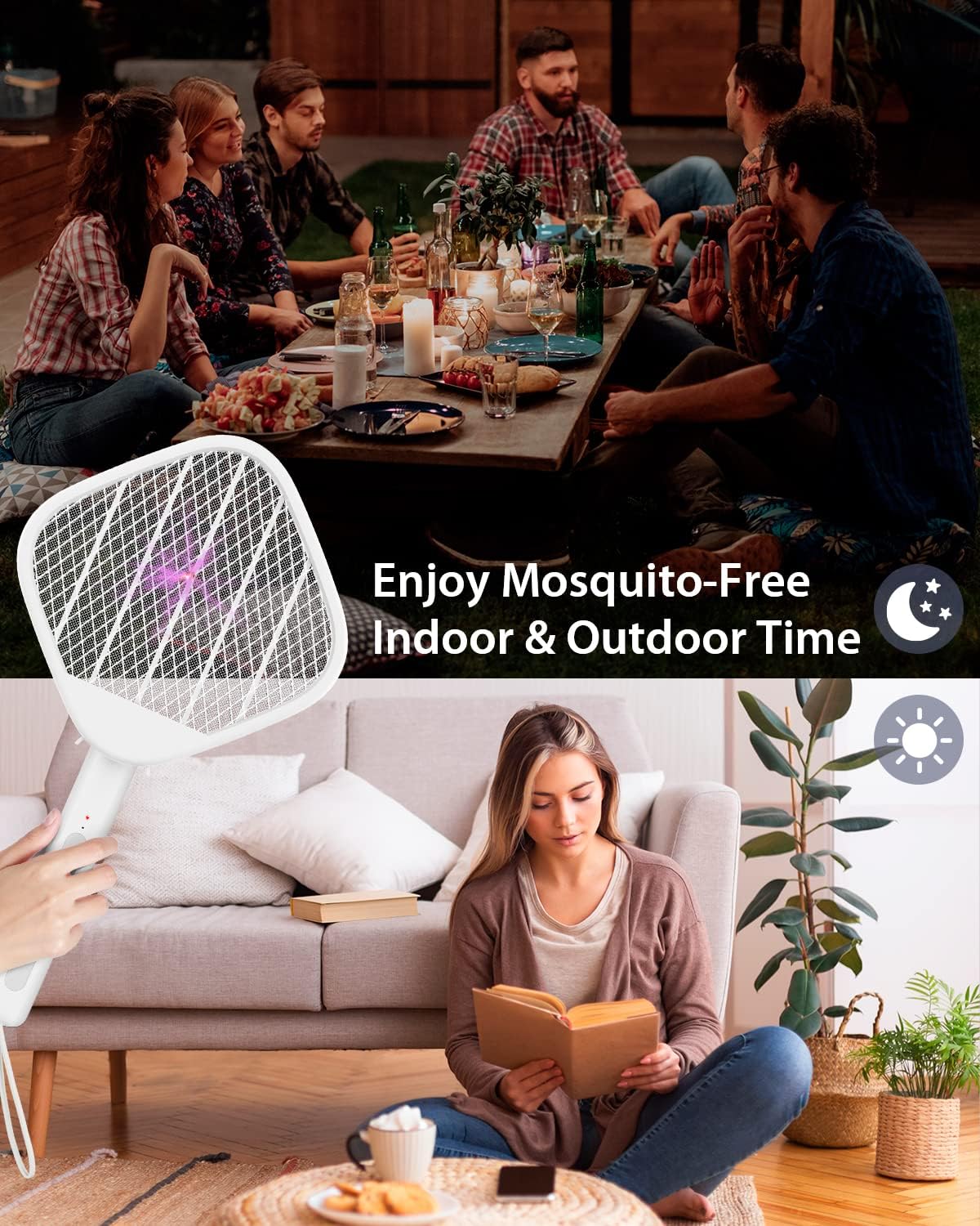 Electric Fly Swatter Racket Fly Zapper - Powerful 4000V Mosquito Zapper Racket & Night Bug Zapper 2 Modes, Foldable Hanging Standing Handheld Rechargeable Fly Killer, 3-Layer Safe for Humans Pets