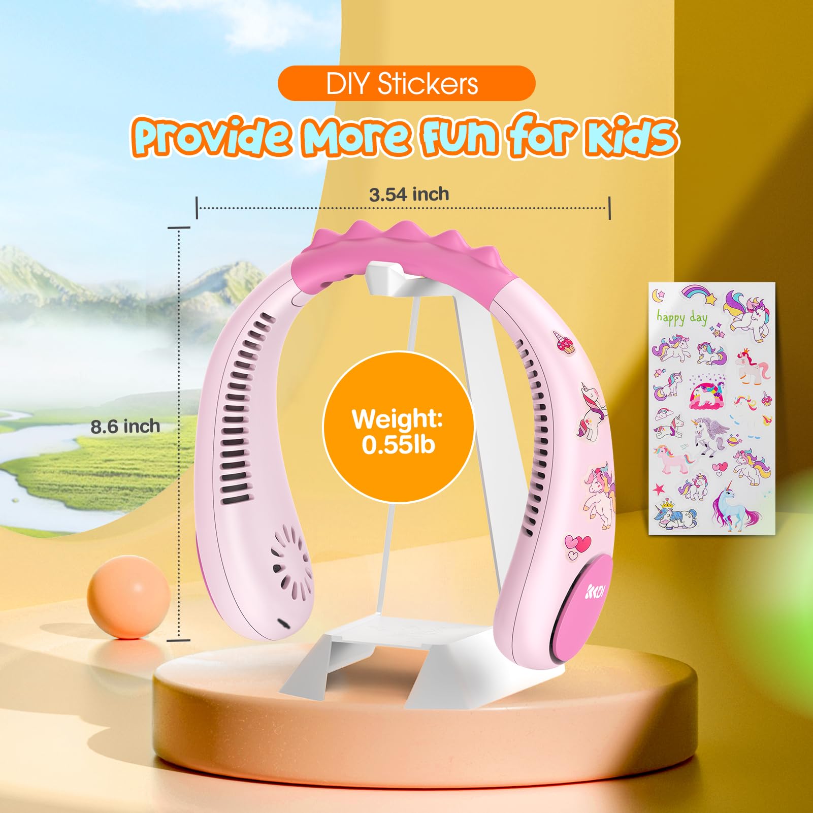 Kids Neck Fan, Bladeless Neck Fan for Kids, 2600mAh Portable Rechargeable Cooling Fan for Kids 4-14Y Girls/Boys with Sticker, 4 Speeds & Lightweight Personal Fans for Your Neck, Travel