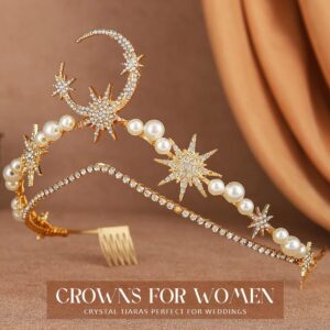 Catery Star Moon Crown Headband Gold Halo Crown Goddess Tiara Headpiece Pearl Boho Wedding Headpiece Bridal Hair Accessories for Women and Girls