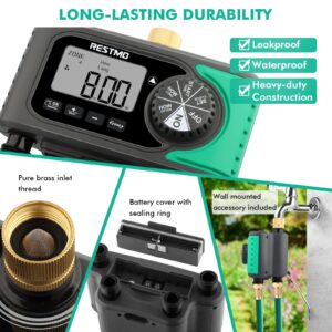 RESTMO 4-Outlet Sprinkler Timer with Brass Inlet, 4 Zone Programmable Water Timer for Garden Hose, Automatic Digital Control | Manual ON/Off | Rain Delay, for Outdoor Faucet, Drip Irrigation and Lawn