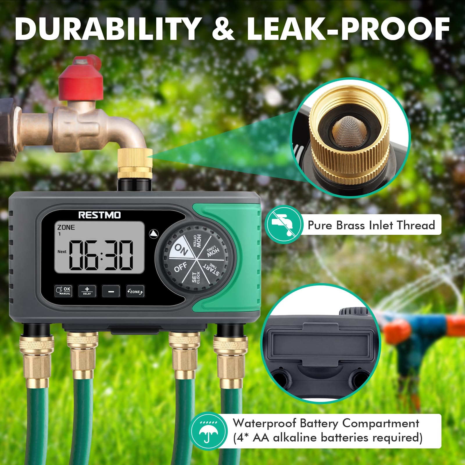 RESTMO 4-Outlet Sprinkler Timer with Brass Inlet, 4 Zone Programmable Water Timer for Garden Hose, Automatic Digital Control | Manual ON/Off | Rain Delay, for Outdoor Faucet, Drip Irrigation and Lawn