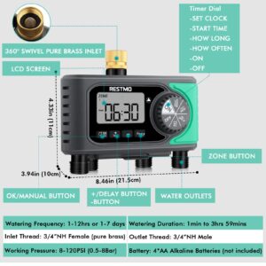 RESTMO 4-Outlet Sprinkler Timer with Brass Inlet, 4 Zone Programmable Water Timer for Garden Hose, Automatic Digital Control | Manual ON/Off | Rain Delay, for Outdoor Faucet, Drip Irrigation and Lawn