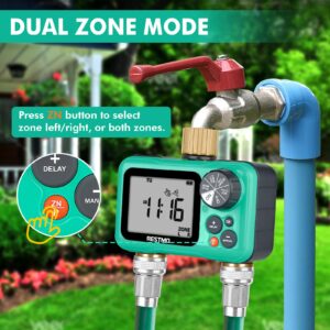 RESTMO Sprinkler Timer with Brass Inlet & Outlet, 2 Zone Programmable Water Timer for Garden Hose, 3 Separate Programs Hose Timer, Manual/Rain Delay/Automatic Watering for Drip Irrigation and Lawn