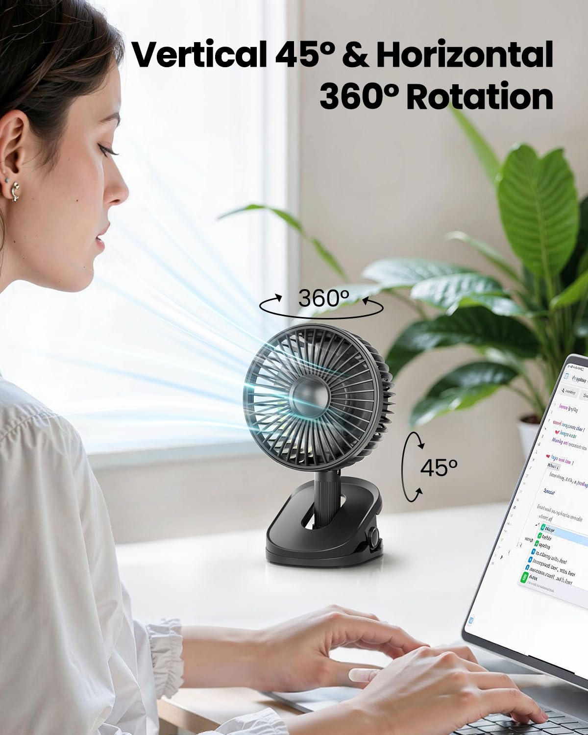 Gaiatop Clip on Fan Battery Operated, 4000mAh Auto Oscillating Portable USB Fan with Light & Hook, 4 Speed Personal Mini Desk Fan Rechargeable Table Fan for Home Office Stroller Black