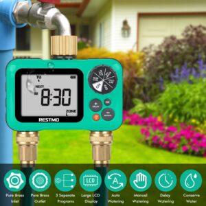 RESTMO Sprinkler Timer with Brass Inlet & Outlet, 2 Zone Programmable Water Timer for Garden Hose, 3 Separate Programs Hose Timer, Manual/Rain Delay/Automatic Watering for Drip Irrigation and Lawn