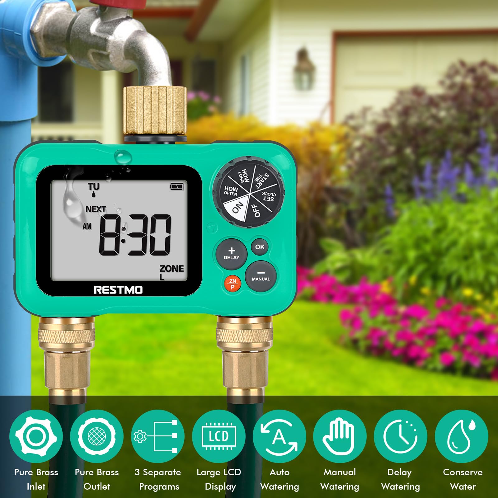 RESTMO Sprinkler Timer with Brass Inlet & Outlet, 2 Zone Programmable Water Timer for Garden Hose, 3 Separate Programs Hose Timer, Manual/Rain Delay/Automatic Watering for Drip Irrigation and Lawn