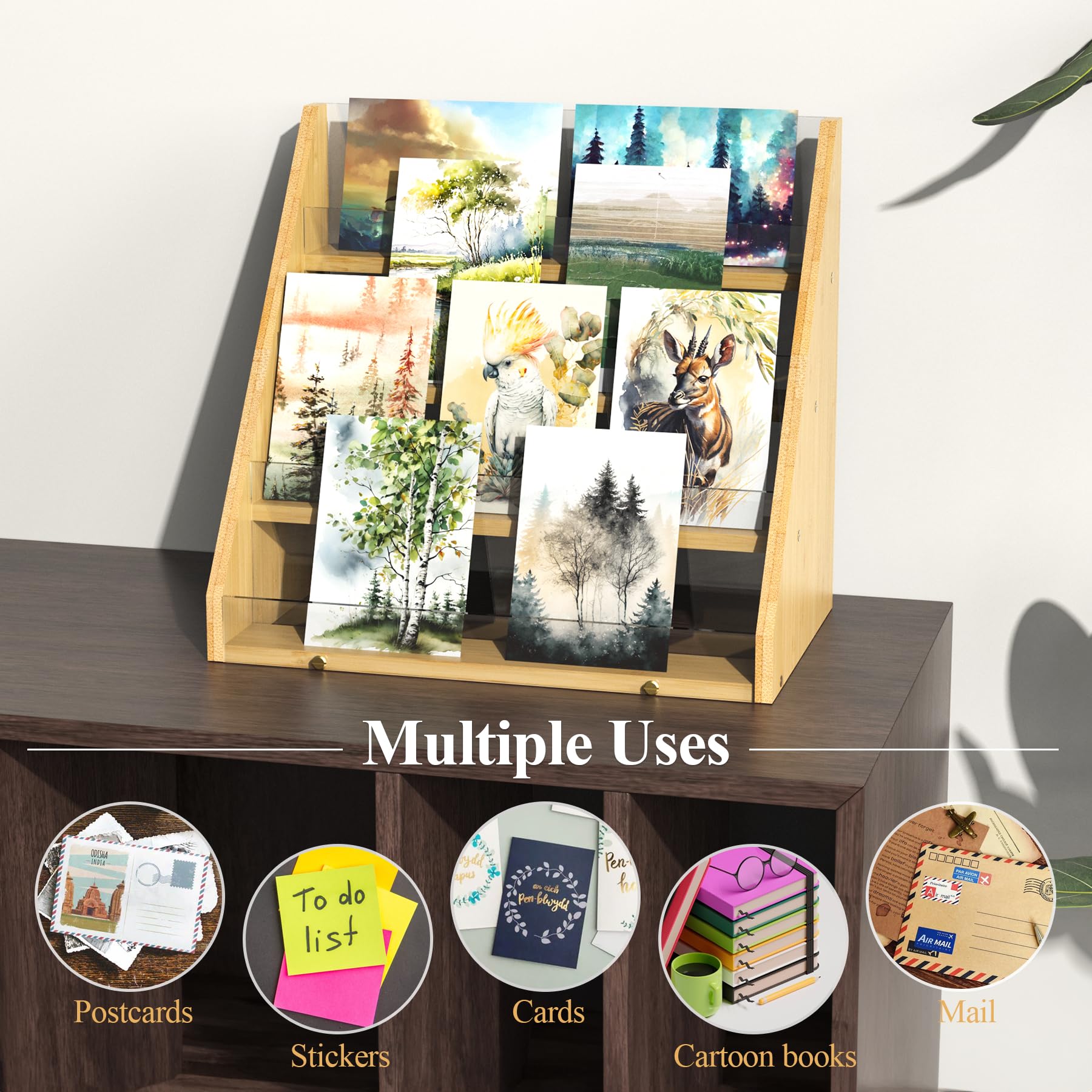 NiHome 4-Tier Bamboo & Acrylic Greeting Card Display Stand for Cards, Photos, Postcards - Durable Stylish Showcase Organizer with High-Transparency Panels for Home, Wedding, Birthday Decor & Keepsakes