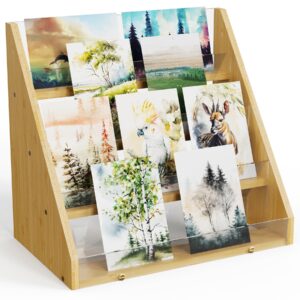 NiHome 4-Tier Bamboo & Acrylic Greeting Card Display Stand for Cards, Photos, Postcards - Durable Stylish Showcase Organizer with High-Transparency Panels for Home, Wedding, Birthday Decor & Keepsakes