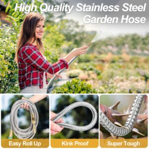 Metal Garden Hose 100FT, Stainless Steel Heavy Duty Water Hose with Brass Nozzle, Sturdy and Lightweight, No Kink & Tangle, Easy to Use & Store, Suitable for Yard and Lawn