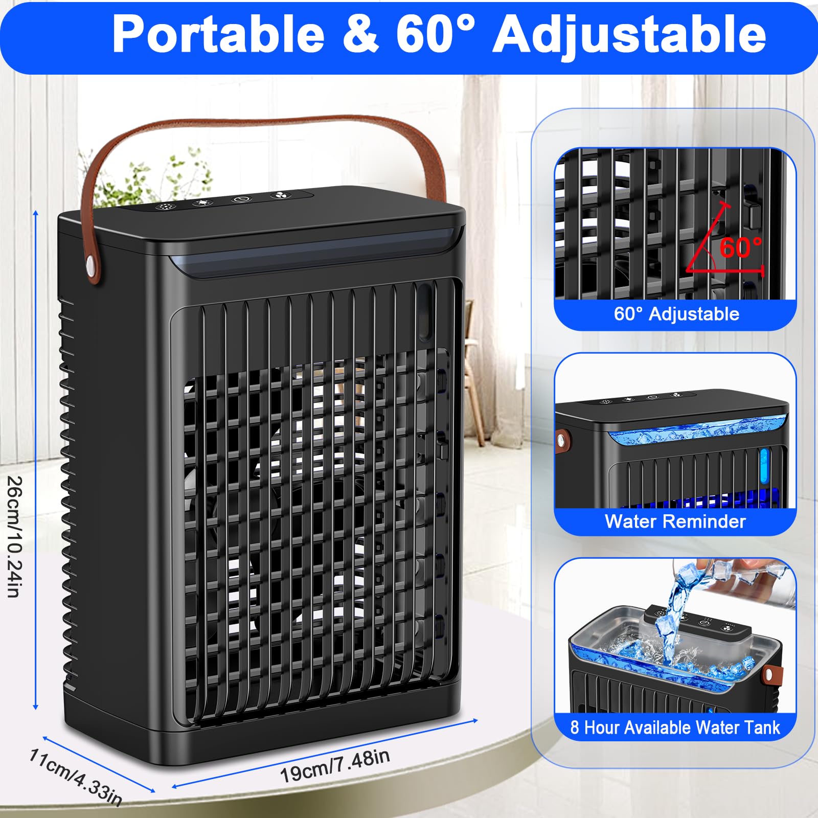 Portable Air Conditioners Fan - Portable AC Mini Air Cooler,Personal Quiet Small Mobile Cooling Fan,2/4/6 H Timer, 5 Speeds,for Home,Room,Car - Black