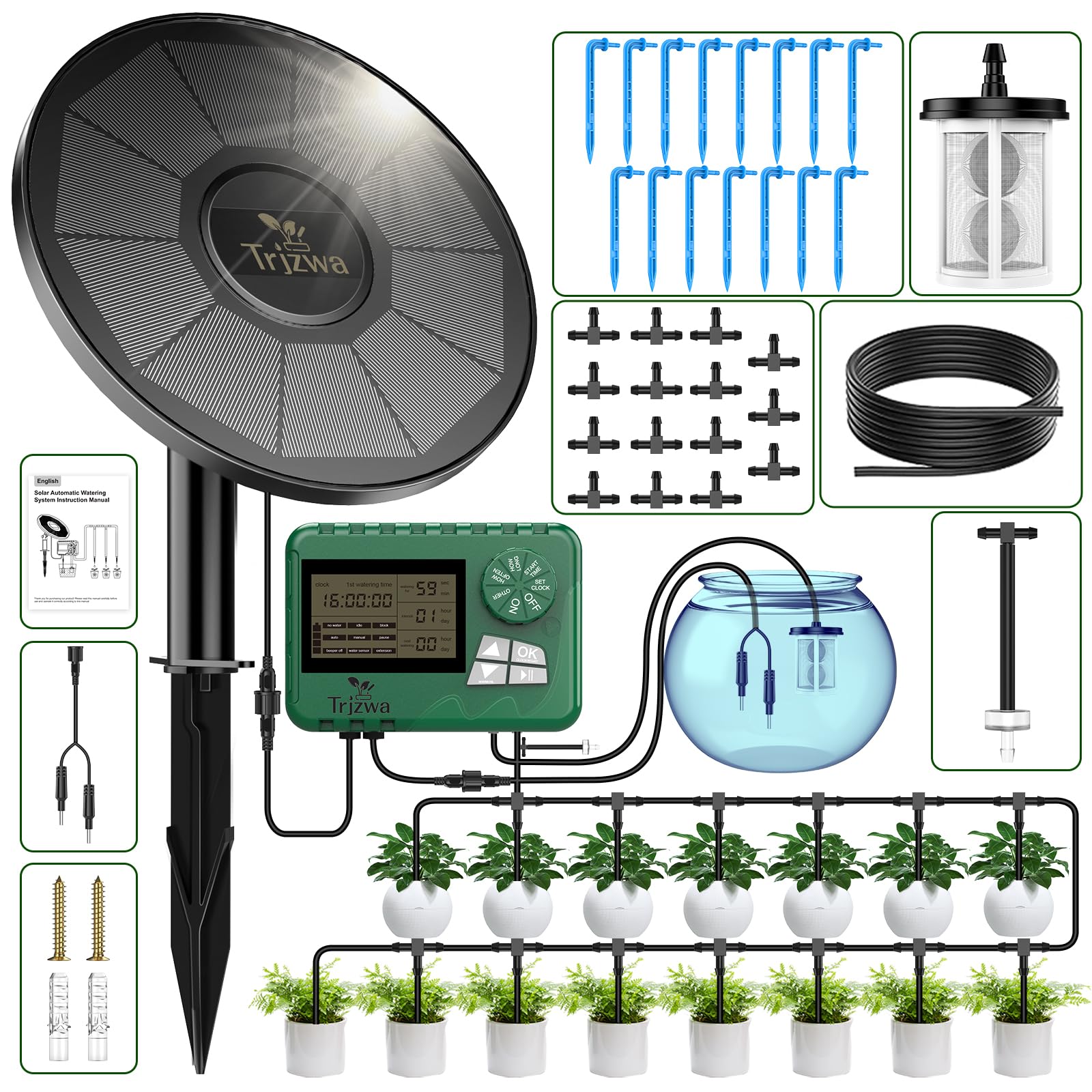 Solar Irrigation System with Automatic DIY Water Timer TRJZWA 2024 Latest Drip Irrigation System Kit for Garden,Balcony,Greenhouse,Garden Watering System Supports 15 Potted Plants with 15 Meter Hose