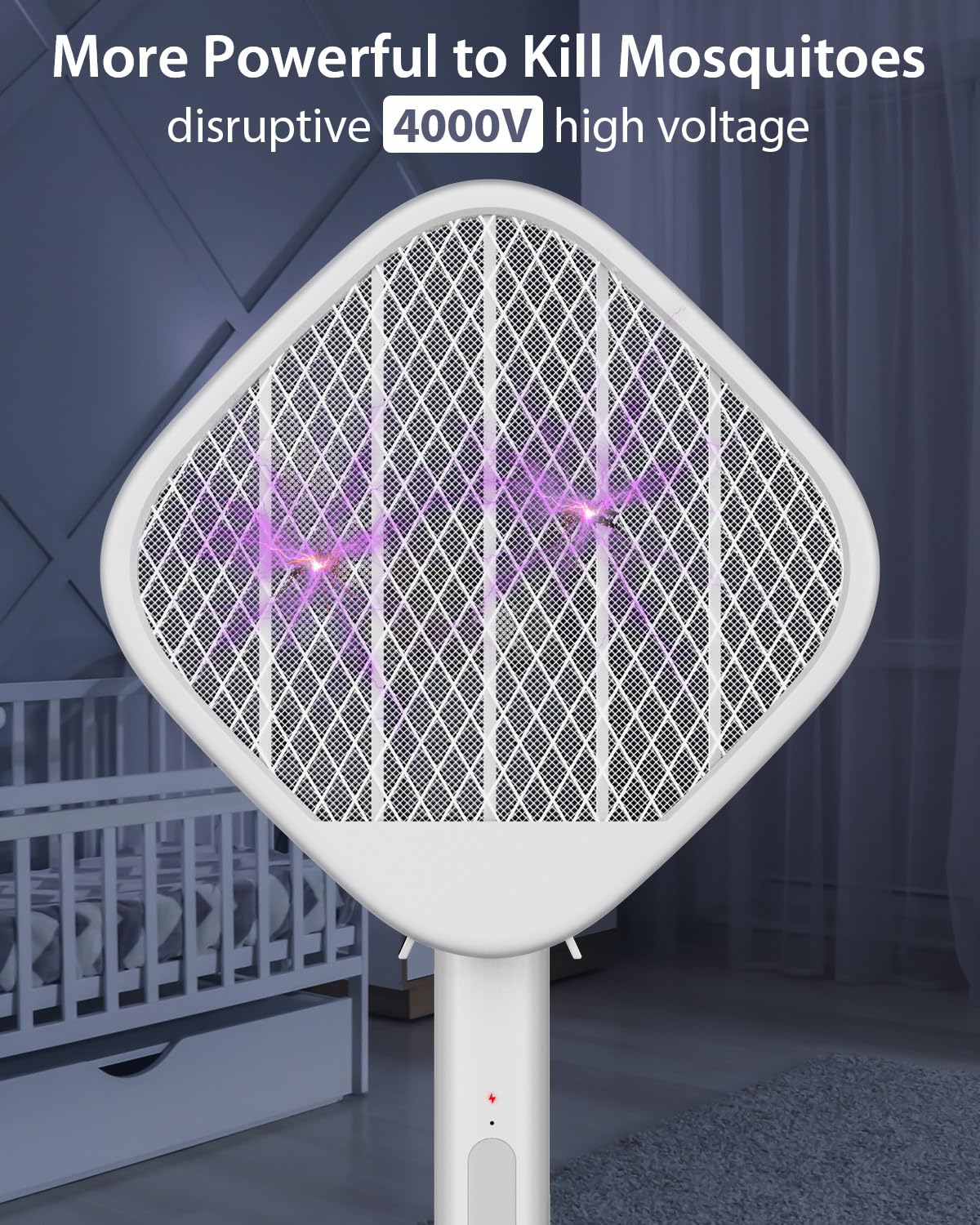 Electric Fly Swatter Racket Fly Zapper - Powerful 4000V Mosquito Zapper Racket & Night Bug Zapper 2 Modes, Foldable Hanging Standing Handheld Rechargeable Fly Killer, 3-Layer Safe for Humans Pets