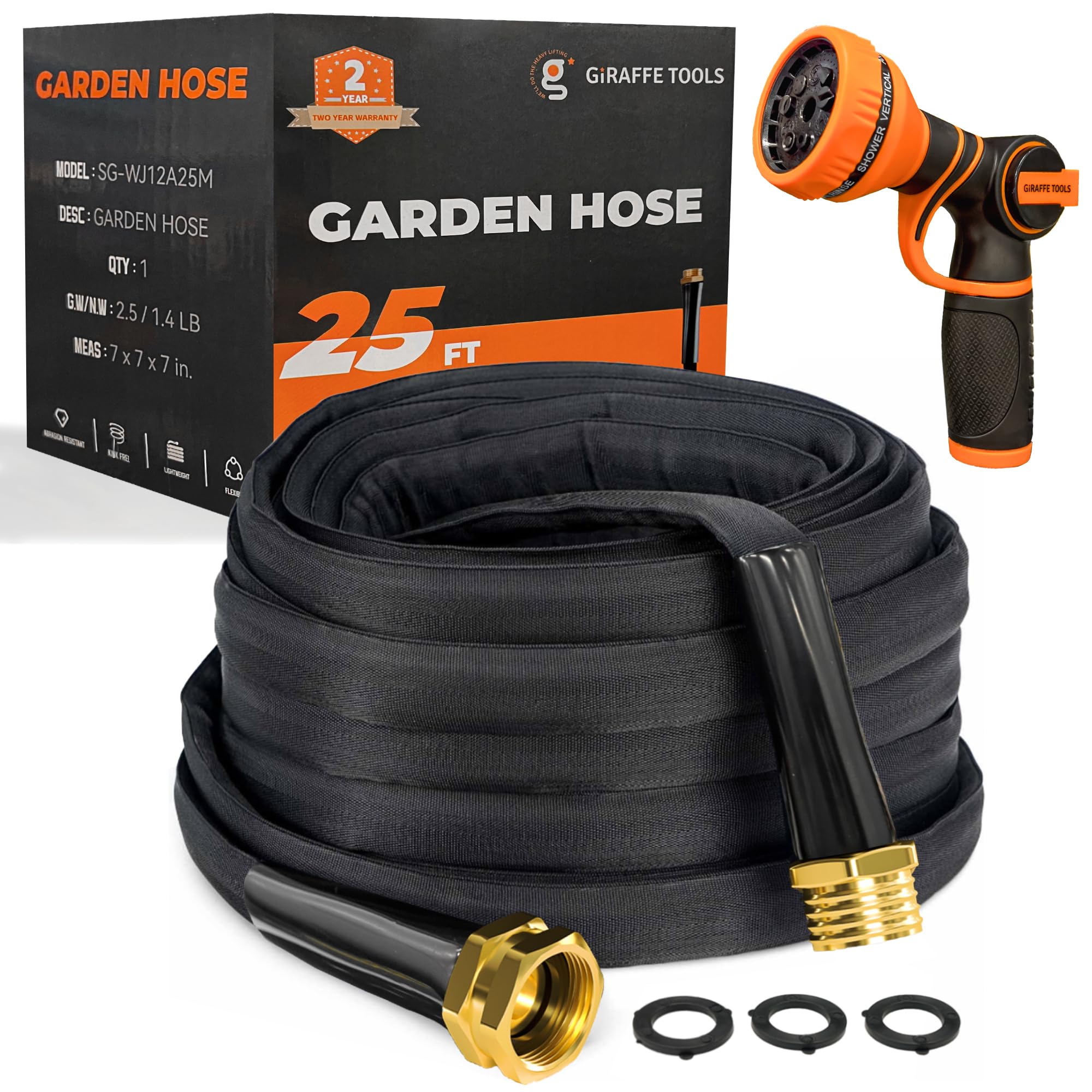 Giraffe Tools Garden Hose 25FT Lightweight Lay Flat Water Hose Kink Free Flexible Hose with 9 Spray Function Nozzle（Black）