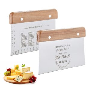 2PCS Bench Dough Scraper, Stainess Steel Kitchen/Pastry/Food/Bread/Cutting Board Scraper Cutter Chopper with Protective Cover, Ergonomic Wood Handle (2 Pack, Unique Pattern Design)