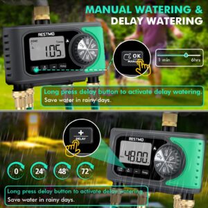 RESTMO 4-Outlet Sprinkler Timer with Brass Inlet, 4 Zone Programmable Water Timer for Garden Hose, Automatic Digital Control | Manual ON/Off | Rain Delay, for Outdoor Faucet, Drip Irrigation and Lawn