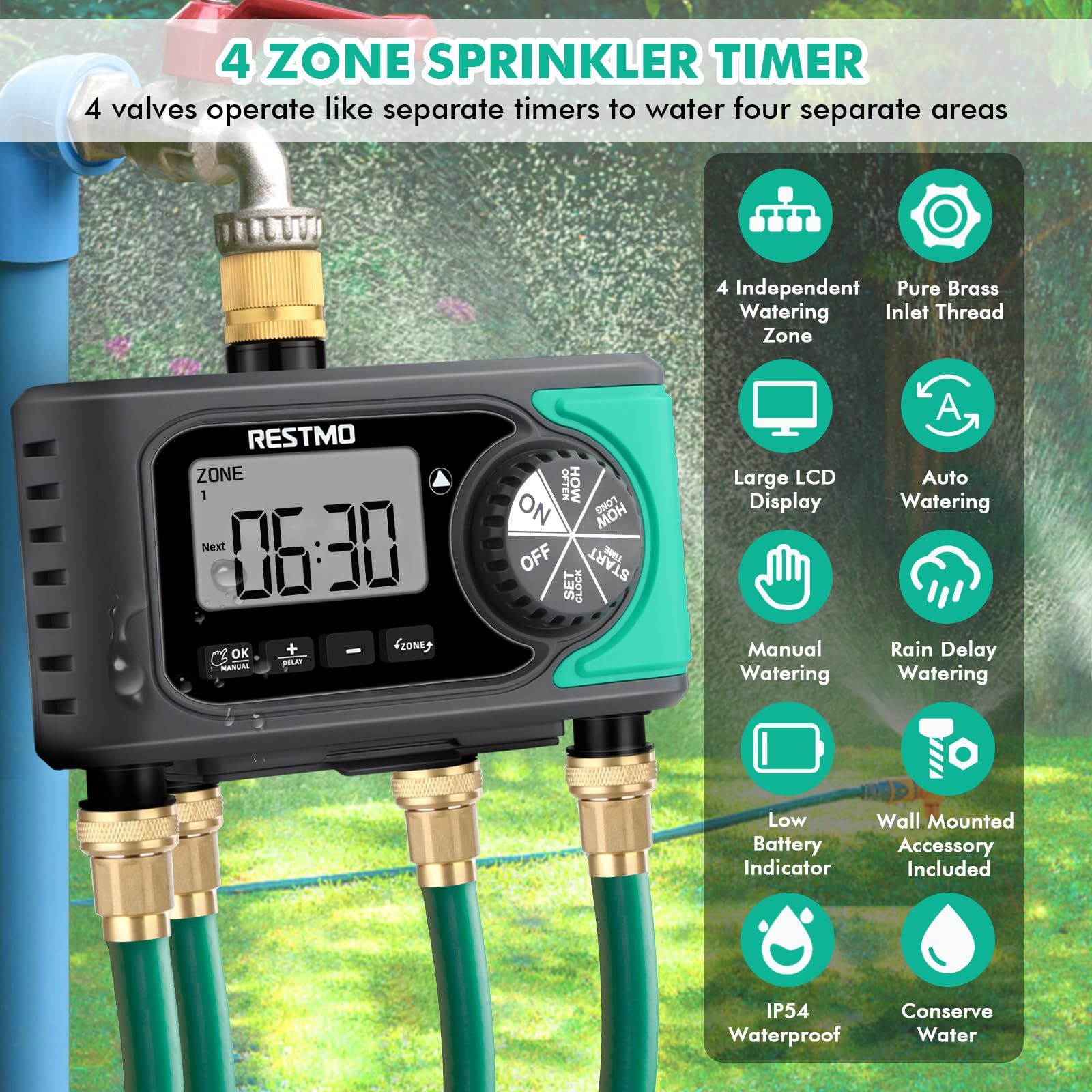 RESTMO 4-Outlet Sprinkler Timer with Brass Inlet, 4 Zone Programmable Water Timer for Garden Hose, Automatic Digital Control | Manual ON/Off | Rain Delay, for Outdoor Faucet, Drip Irrigation and Lawn