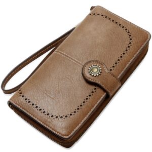 TFKGS Wallet for Women RFID Blocking Leather Large Capacity Card Holder Ladies Phone Clutch Travel Long Purse Wristlet Brown